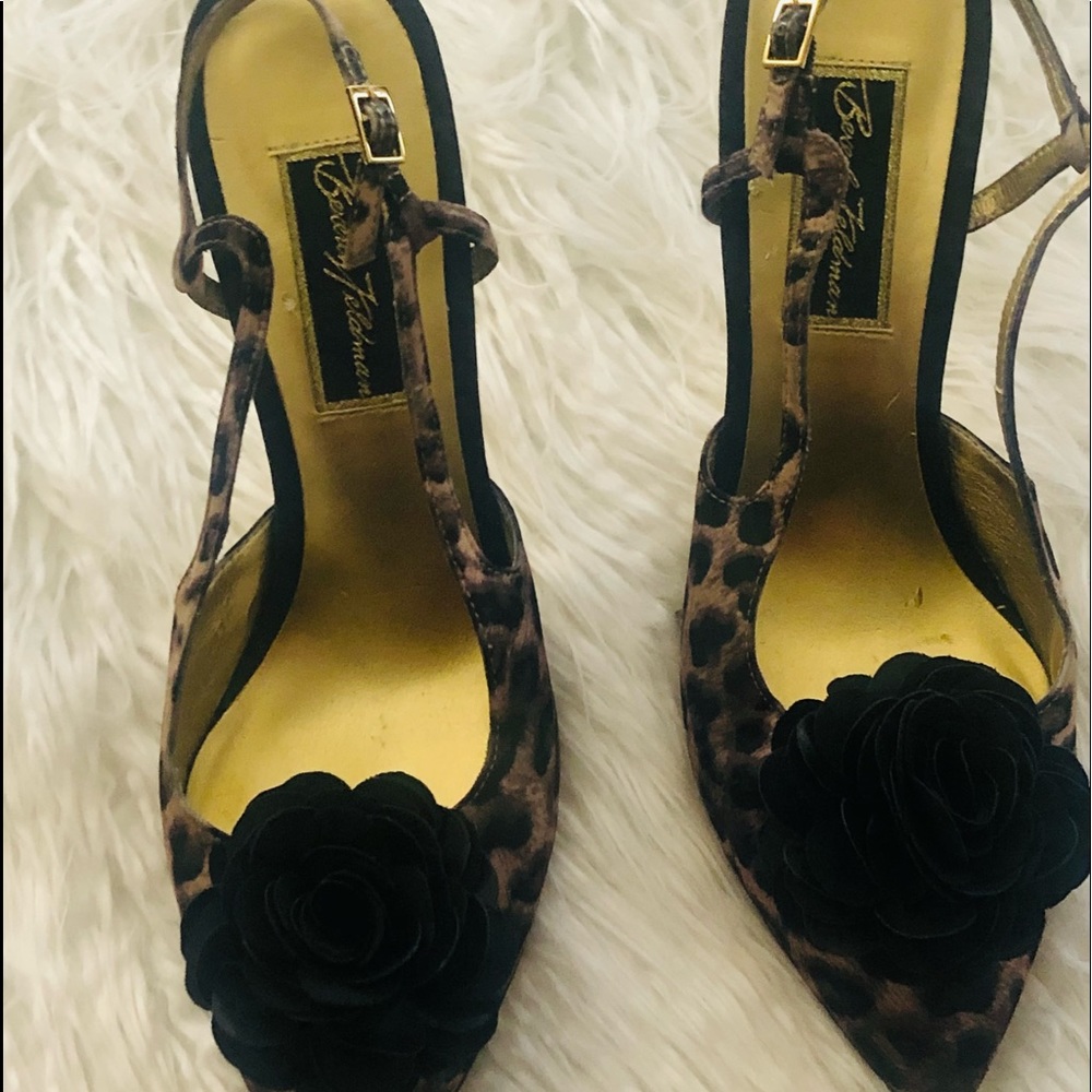 Beverly Feldman Animal Print Shoes (Satin) with black Rose